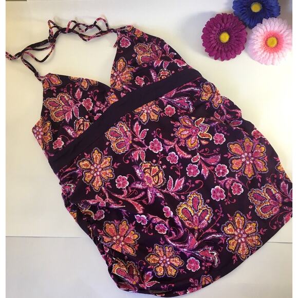 Motherhood Maternity Size Large Tankini Swim Top in Pink/Purple/Orange Floral - Picture 1 of 9